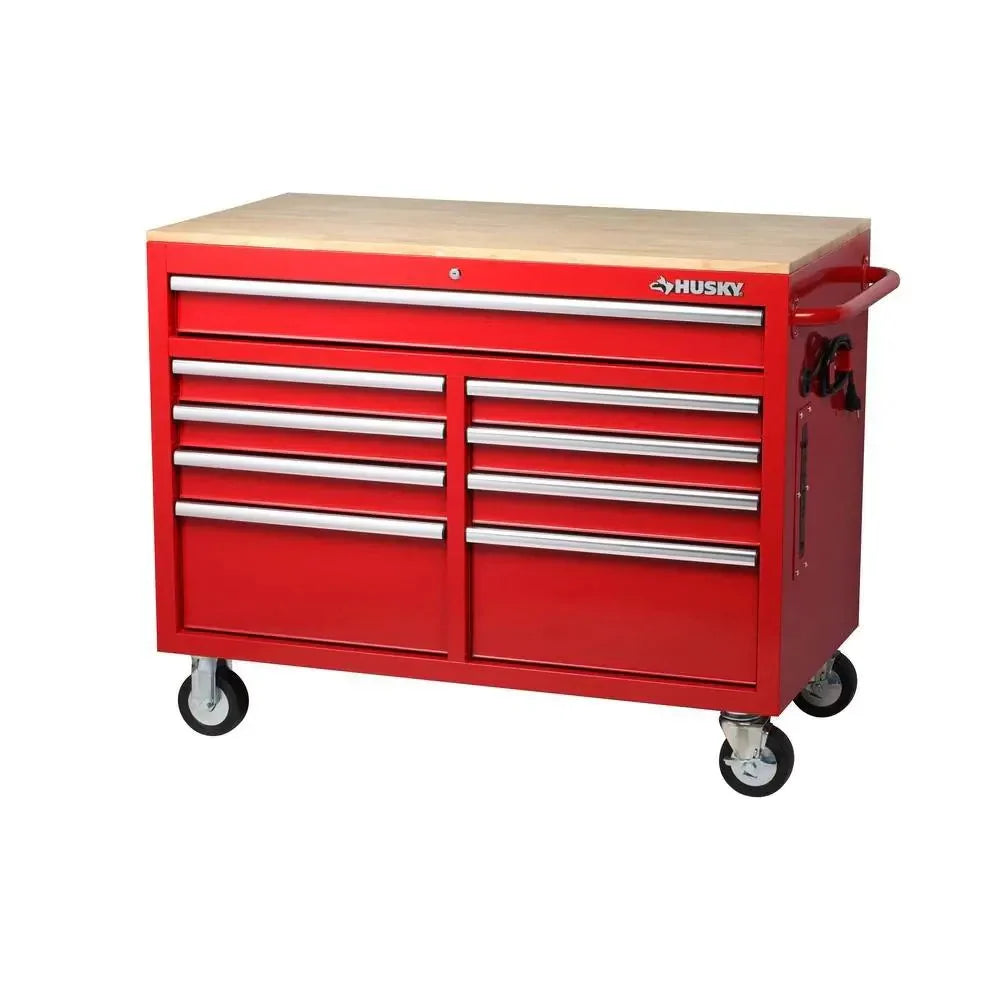 46-in W x 24.5-in D 9-Drawer Mobile Workbench with Hardwood Top and Power Station – Gloss Black