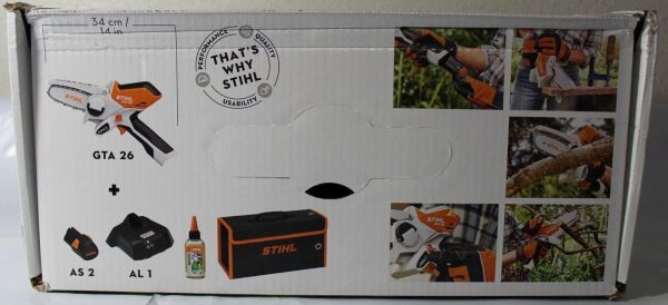 STIHL GTA 26 PRUNER CHAINSAW W CARRYING CASE, BATTERY AND CHARGER.