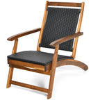 Acacia Wood Rattan Folding Outdoor Chaise Lounge Chair with Retractable Footrest, Pool Lounge Chair Patio Sun Lounger
