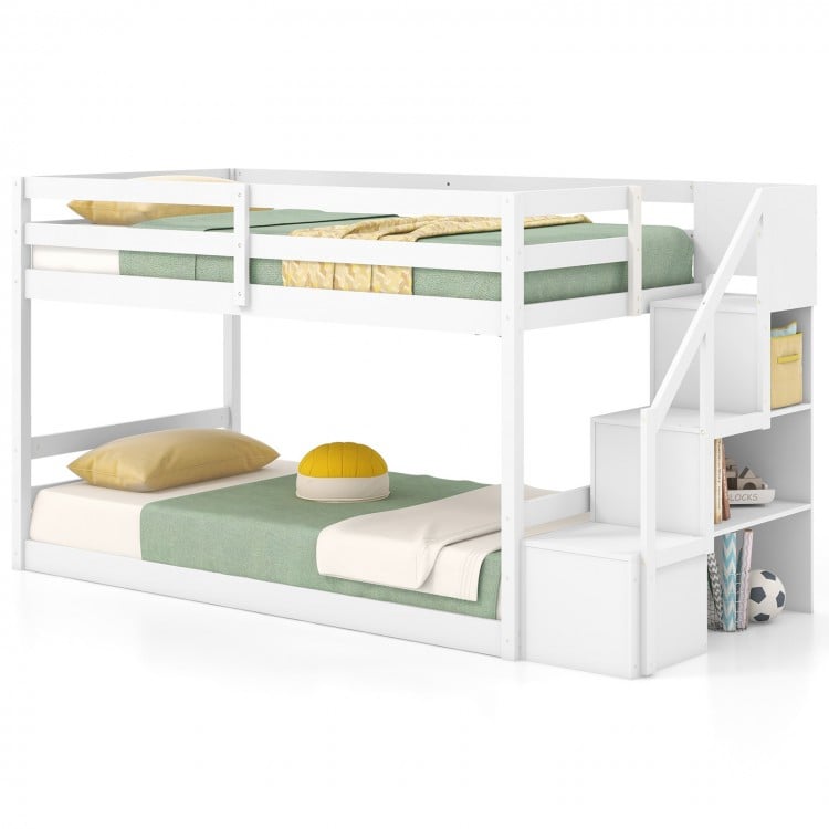 Twin Over Twin Low Bunk Bed with Storage Stairs Solid Wood Floor Bunk Bed Frame