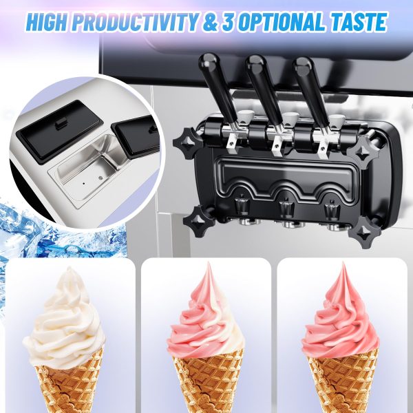 2200W Commercial Ice Cream Machine, 3 Flavor Soft Serve Ice Cream Machine, 5.3-7.4 Gal/Hr, with LCD Touch Screen, Automatic Cleaning, High Productivity for Home Snack Bar & Restaurants