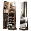 360�� Swivel Jewelry Cabinet Armoire w/ Full Length Mirror 3-Color LED Lights & Rear Shelves, Lockable Standing Jewelry Storage Organizer