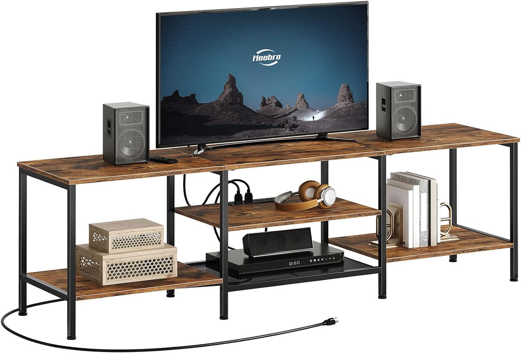 TV Stand with Power Outlets to 75 Inches, TV Console Table with Open Storage Shelves Cabinet, Industrial Media Entertainment Center for Living Room Bedroom, Rustic Brown and Black BF60DS01