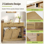 Double Tilt Out Laundry Hamper Cabinet, 43.3" Laundry Cabinet with 2 Removable Baskets, Farmhouse Wooden Hidden Trash Bin Cabinet with Open Shelving, for Bathroom, Natural