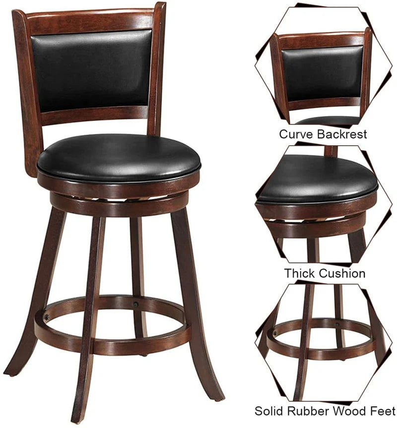 2-Pack 24" Wooden Counter Stools, 360° Swivel Bar Stools with Backs, Counter Height Stool, Upholstered Bar Chairs Dining Chairs