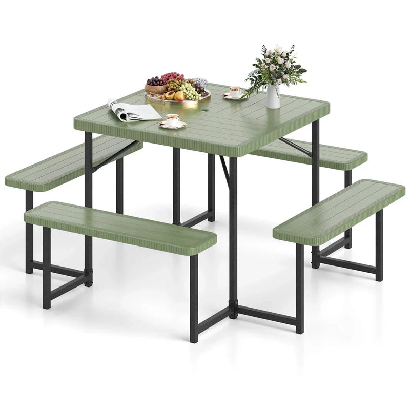 4-8 Person Outdoor Picnic Table Bench Set, All-Weather HDPE Square Dining Table with Umbrella Hole, 4 Benches & Metal Frame for Patio Backyard