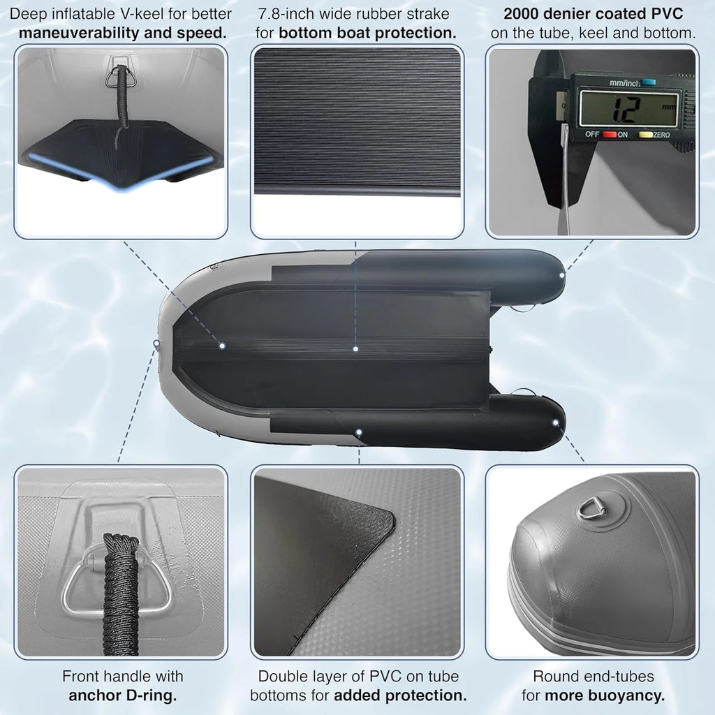 Inflatable Boat | Yacht Dinghy Tender Raft | Multi Person Fishing Boat | Aluminum Floor Oars | Fishing Rod Holders | Heavy-Duty PVC | 2024 Model |