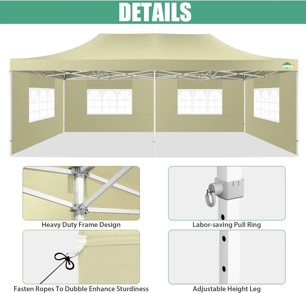 COBIZI 10x20 Heavy Duty Pop up Canopy Tent with 6 sidewalls Easy Up Commercial Outdoor Canopy Wedding Party Tents for Parties All Season Wind & Waterproof Gazebo with Roller Bag,Black(Frame Thickened)