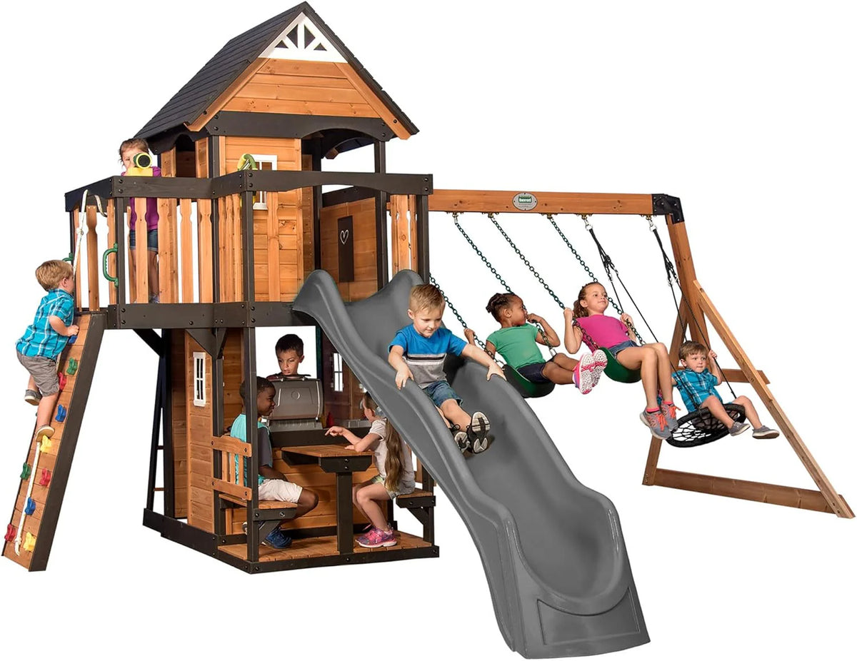 Canyon Creek Cedar Wood Swing Set with Wave Slide, Clubhouse, Play Kitchen, Picnic Area, Belt Swings, Web Swing, Rock Wall, Balconies, Playhouse, Step Ladder, Outdoor Playset