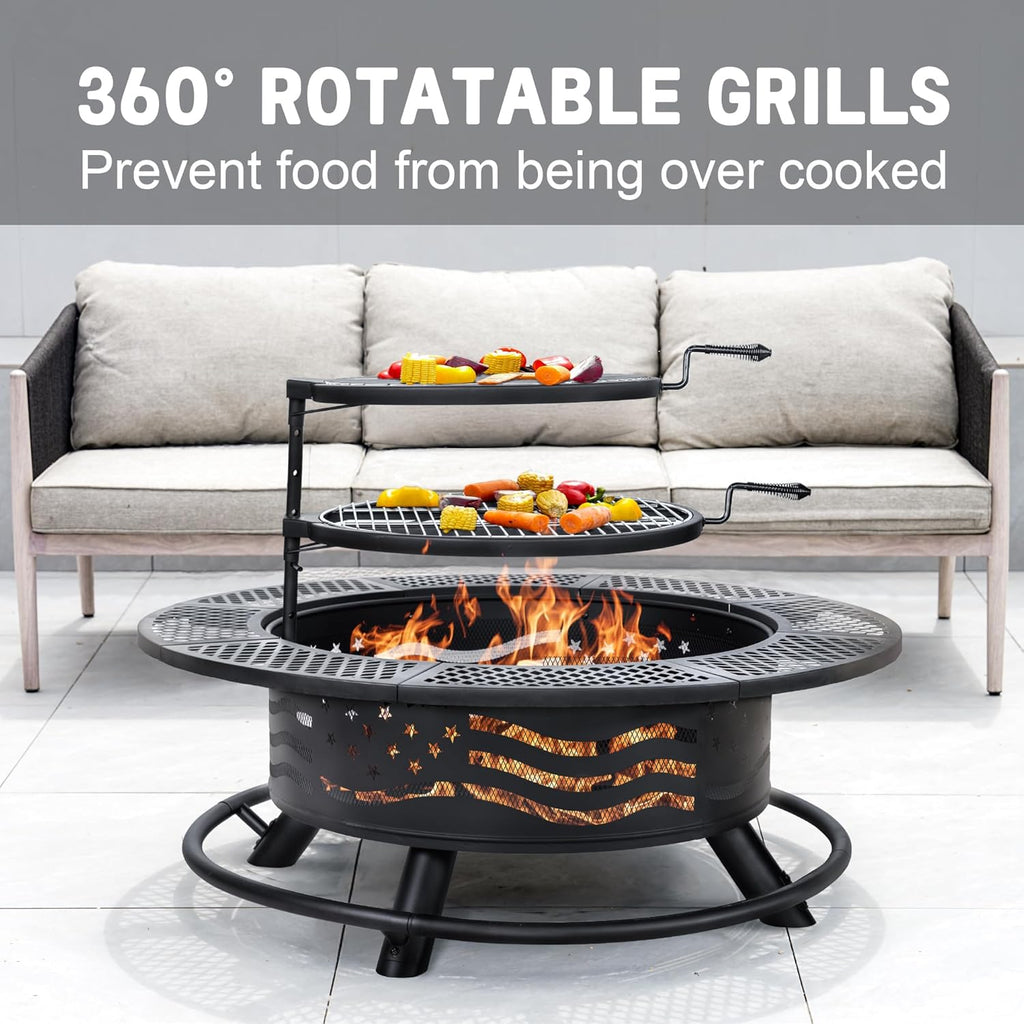 Panovue 42 Inch Fire Pit with 2 Cooking Grates, Outdoor Wood Burning BBQ Grill Firepit Bowl with Cover Lid, Steel Round Table for Backyard Bonfire Patio Picnic (Black, 42)