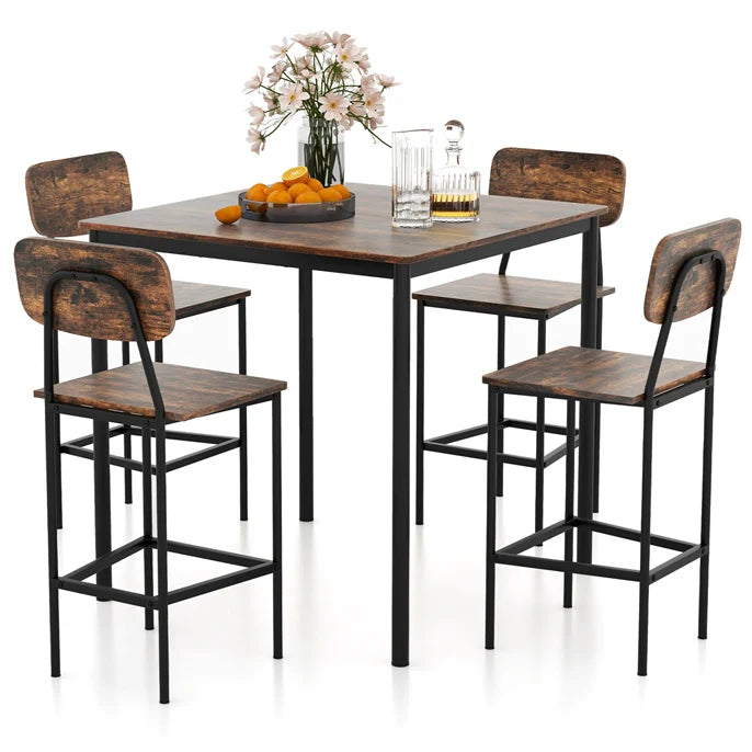 Giantex 5-Piece Dining Bar Table Set, 4 Person Kitchen Breakfast Table Set with Steel Frame , Walnut
