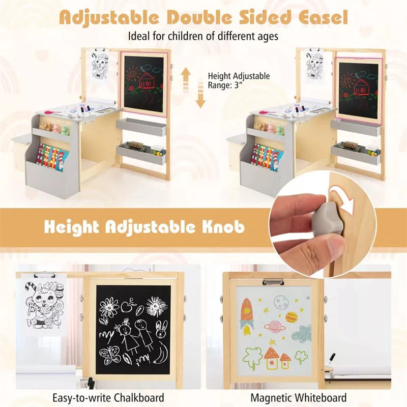 Kids Wooden Art Center Easel with Adjustable Double-Sided Blackboard & Whiteboard, Paper Roll, Toddler Art Table & Chair Set with Storage