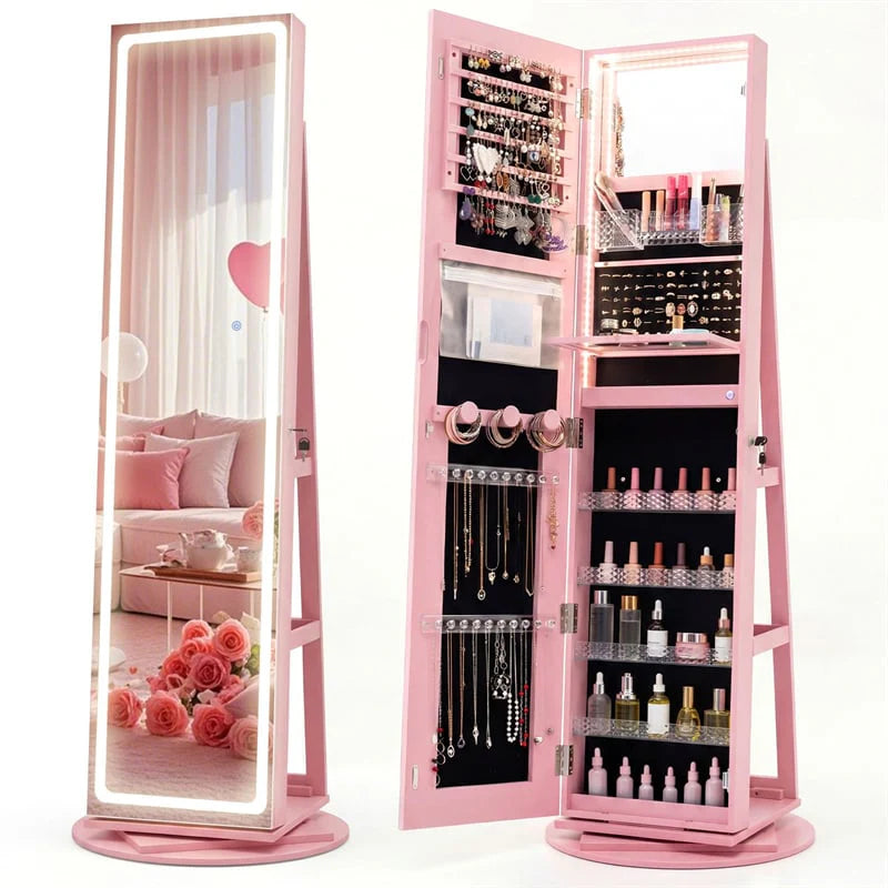 360�� Swivel Jewelry Cabinet Armoire w/ Full Length Mirror 3-Color LED Lights & Rear Shelves, Lockable Standing Jewelry Storage Organizer