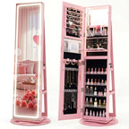 360�� Swivel Jewelry Cabinet Armoire w/ Full Length Mirror 3-Color LED Lights & Rear Shelves, Lockable Standing Jewelry Storage Organizer