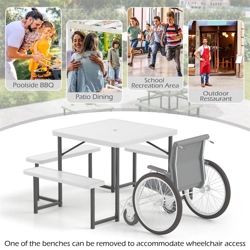 4-8 Person Outdoor Picnic Table Bench Set, All-Weather HDPE Square Dining Table with Umbrella Hole, 4 Benches & Metal Frame for Patio Backyard