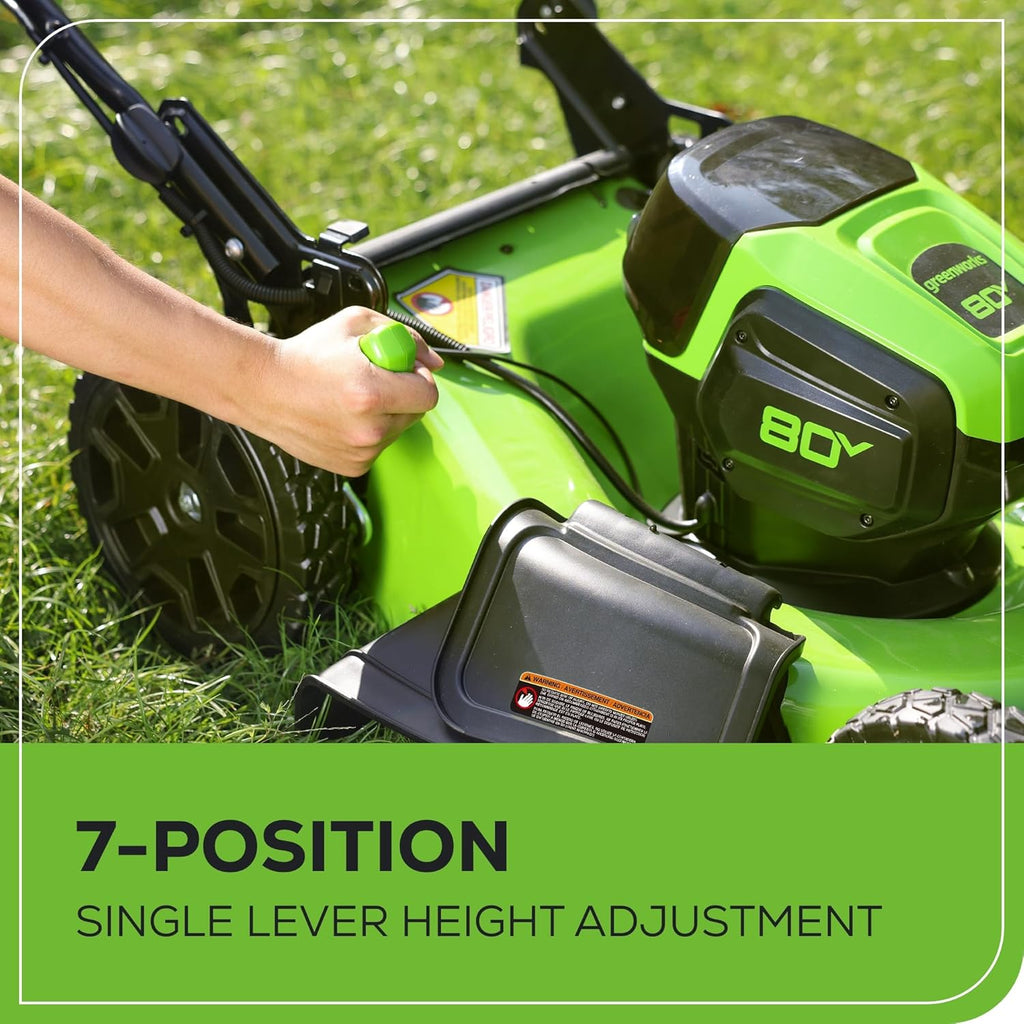 Greenworks 80V 21�� Brushless (Self-Propelled) Cordless Electric Lawn Mower + (580 CFM) Axial Leaf Blower (75+ Compatible Tools)  4.0Ah Battery and 60 Minute Rapid Charger  Green and Black
