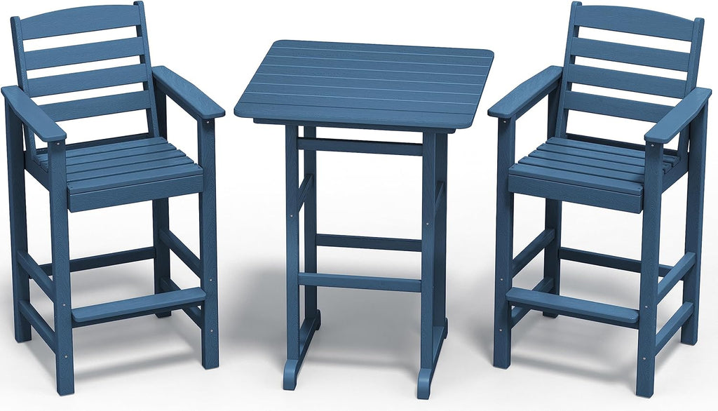 SERWALL Balcony Adirondack Chairs and Table 3 Pieces Set  Adirondack Bar Height Chairs Set of 2 and Bar Table  Outdoor Bar Stools Set for Bistro  Poolside  Backyard  Blue