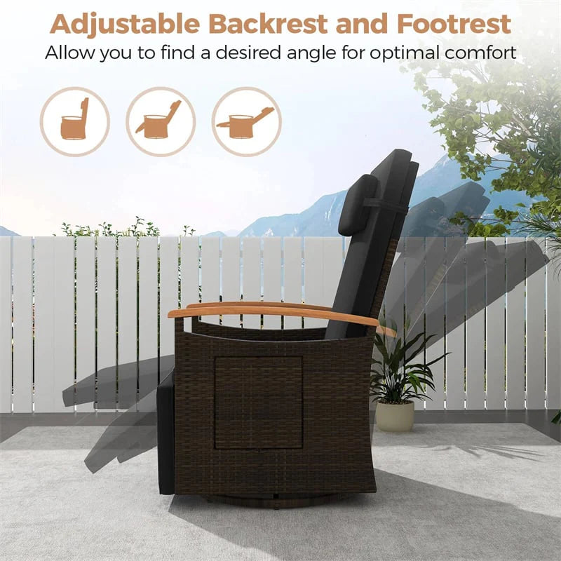 Outdoor Rattan 360�� Swivel Recliner Chair, Patio Wicker Chaise Lounge Chair with Adjustable Backrest & Footrest, Flip Side Table & Cushions