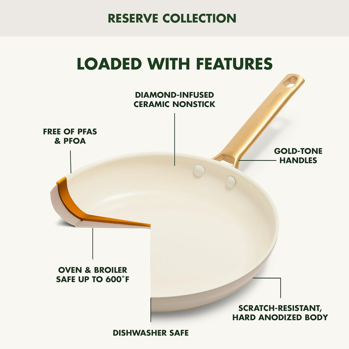 Reserve Hard Anodized Healthy Ceramic Nonstick 10 Piece Cookware Pots and Pans Set, Gold Handle, PFAS-Free, Dishwasher Safe, Oven Safe, Black