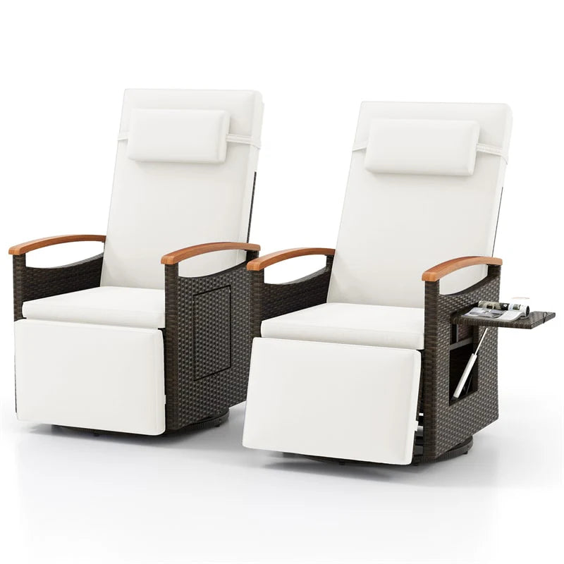 Outdoor Rattan 360�� Swivel Recliner Chair, Patio Wicker Chaise Lounge Chair with Adjustable Backrest & Footrest, Flip Side Table & Cushions