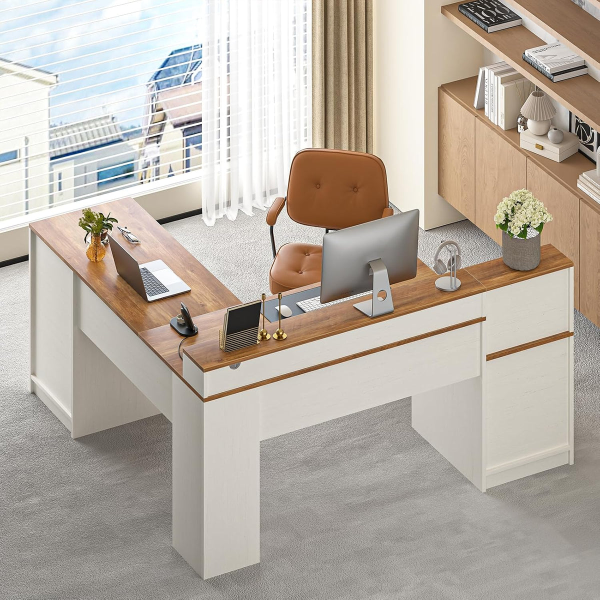 63" Farmhouse L Shaped Executive Desk with Drawers & Storage Shelf, Corner Computer Desk with Power Outlets, L Shaped Office Desk with Monitor Stand, Printer Shelf, Antique White