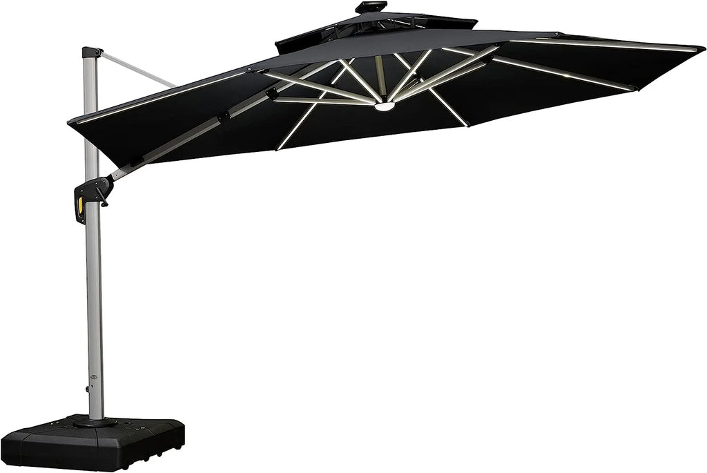 12ft Solar LED Patio Umbrella Outdoor Round Umbrella Large Cantilever Umbrella with LED Lights Windproof Bias Umbrella Heavy Duty Parasol for Garden Deck Pool Patio