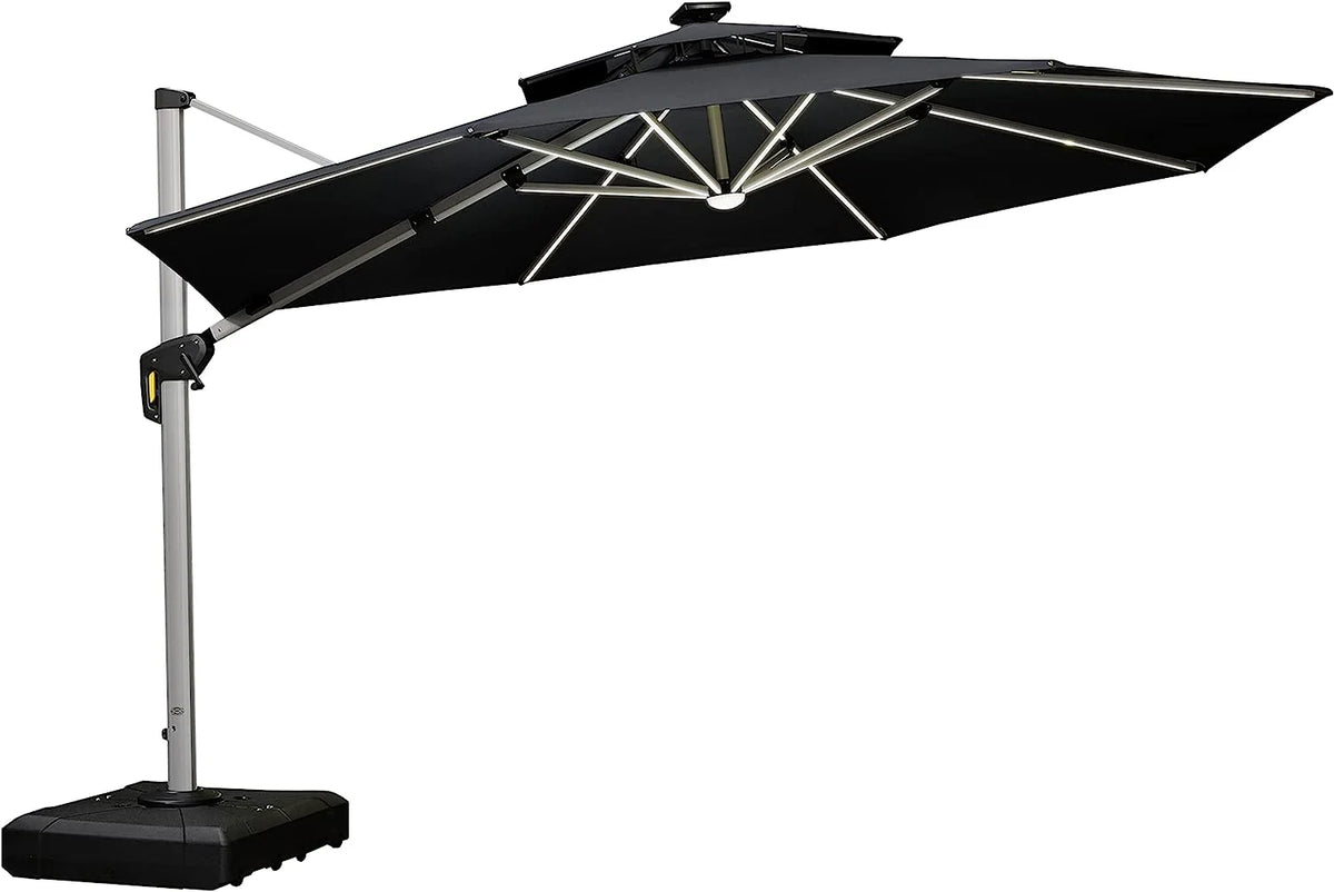 12ft Solar LED Patio Umbrella Outdoor Round Umbrella Large Cantilever Umbrella with LED Lights Windproof Bias Umbrella Heavy Duty Parasol for Garden Deck Pool Patio