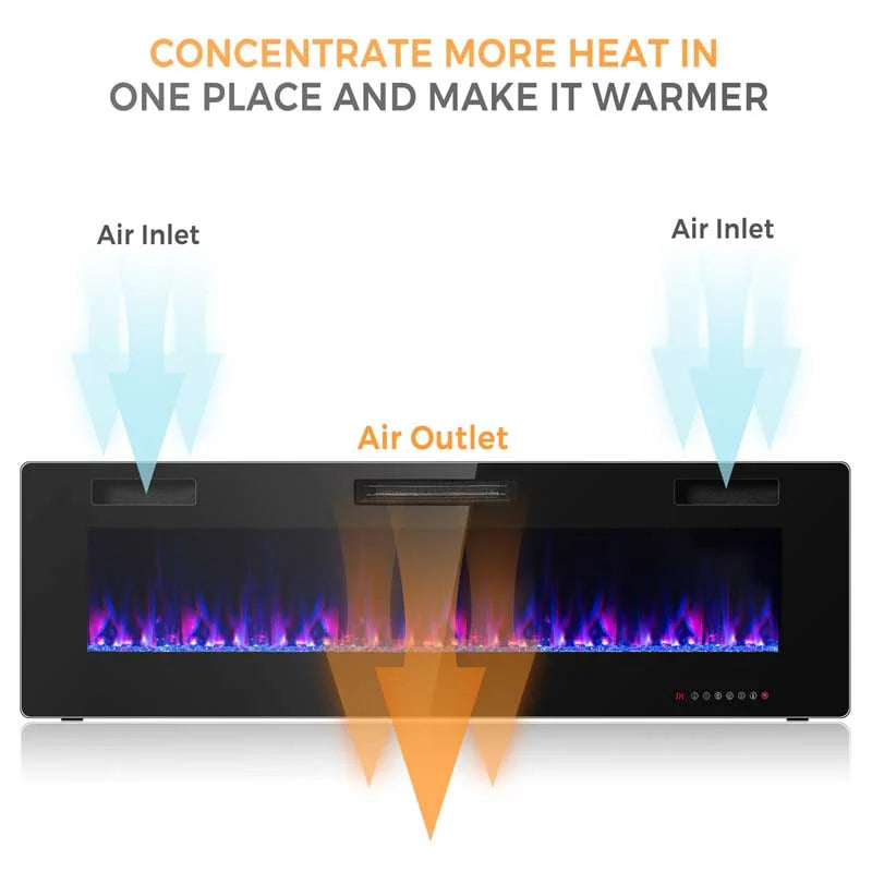 60" Ultra-Thin Electric Fireplace Insert, 1500W Recessed & Wall-mounted Fireplace Heater with 12 Flame Colors
