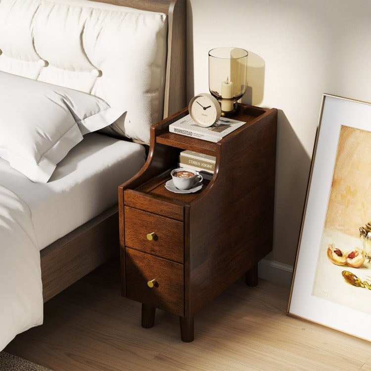 Solid Wood End Table Narrow Bedside Table with Pull-out Tray and 2 Storage Drawers