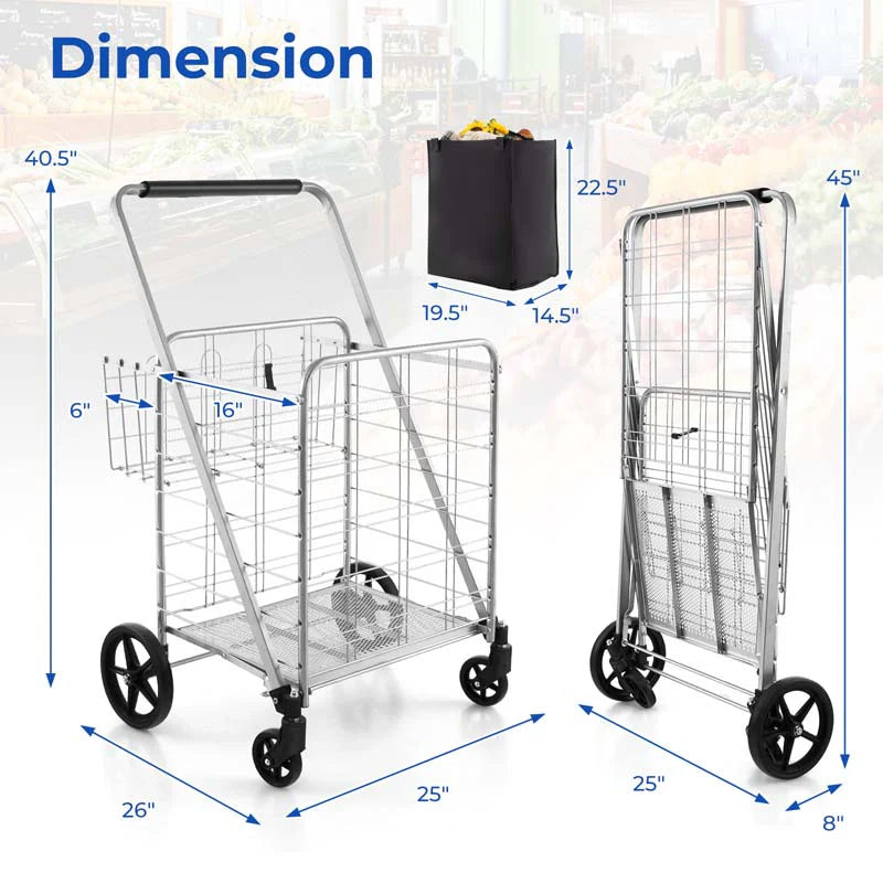 27.5 Gallon Jumbo Folding Shopping Cart with Waterproof Liner & Double Basket, Heavy Duty Portable Utility Cart for Grocery Market Laundry