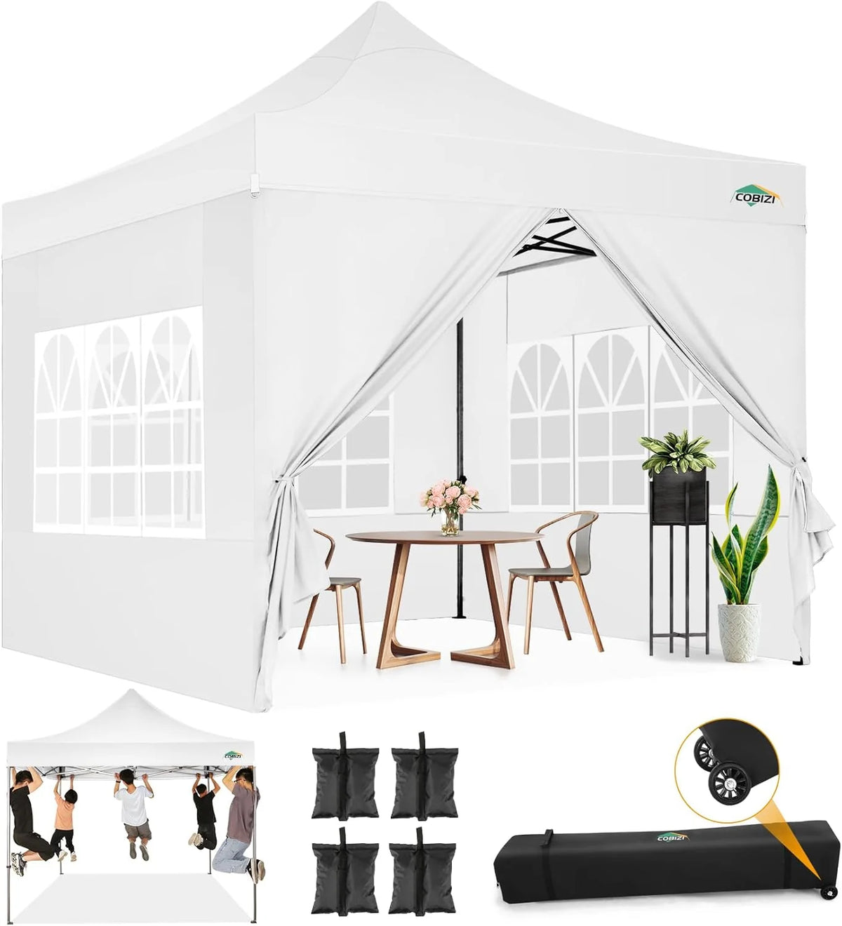 COBIZI 10x20 Heavy Duty Pop up Canopy Tent with 6 sidewalls Easy Up Commercial Outdoor Canopy Wedding Party Tents for Parties All Season Wind & Waterproof Gazebo with Roller Bag,Black(Frame Thickened)