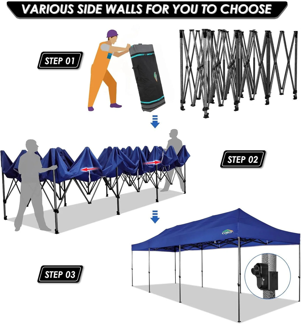COBIZI 10x20 Heavy Duty Pop up Canopy Tent with 6 sidewalls Easy Up Commercial Outdoor Canopy Wedding Party Tents for Parties All Season Wind & Waterproof Gazebo with Roller Bag,Black(Frame Thickened)