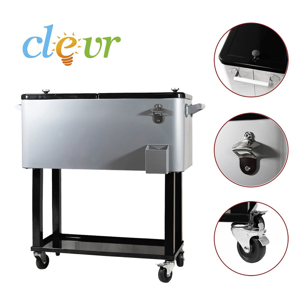 80 Quart Qt Rolling Cooler Ice Chest for Outdoor Patio Deck Party, Grey, Portable Party Bar Cold Drink Beverage Cart Tub, Backyard Cooler Trolley on Wheels with Shelf, Stand, & bottle opener