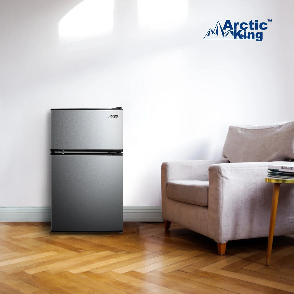 Arctic King 3.2 Cu ft Two Door Mini Fridge with Freezer, Stainless Steel, E-Star