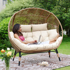 NICESOUL® Double Egg Chair Indoor Outdoor Stationary Oversized 6.5" Thick Padded Cushions 2 Person Egg Wicker Loveseat Chair 680 lbs Extra Large Lounge Chair for Patio Balcony Porch Backyard Beige