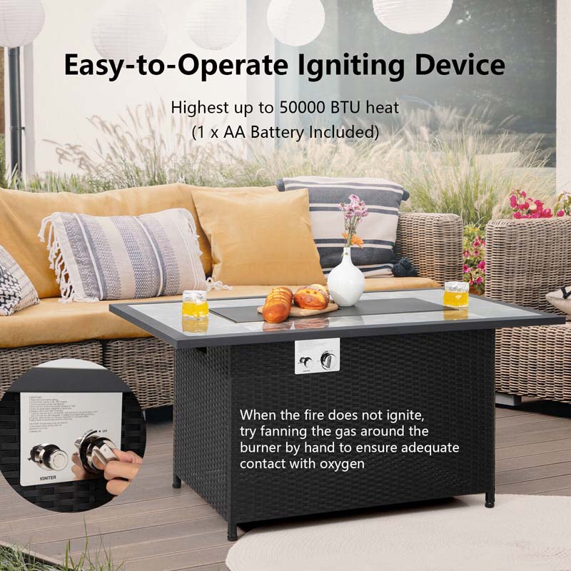 52" 50000 BTU Rattan Outdoor Propane Gas Fire Pit Table with Marble Tabletop, Lava Rocks & PVC Cover