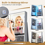 360�� Swivel Jewelry Cabinet Armoire w/ Full Length Mirror 3-Color LED Lights & Rear Shelves, Lockable Standing Jewelry Storage Organizer