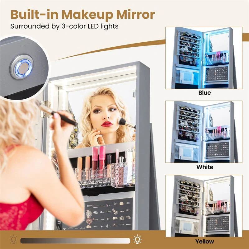 360�� Swivel Jewelry Cabinet Armoire w/ Full Length Mirror 3-Color LED Lights & Rear Shelves, Lockable Standing Jewelry Storage Organizer