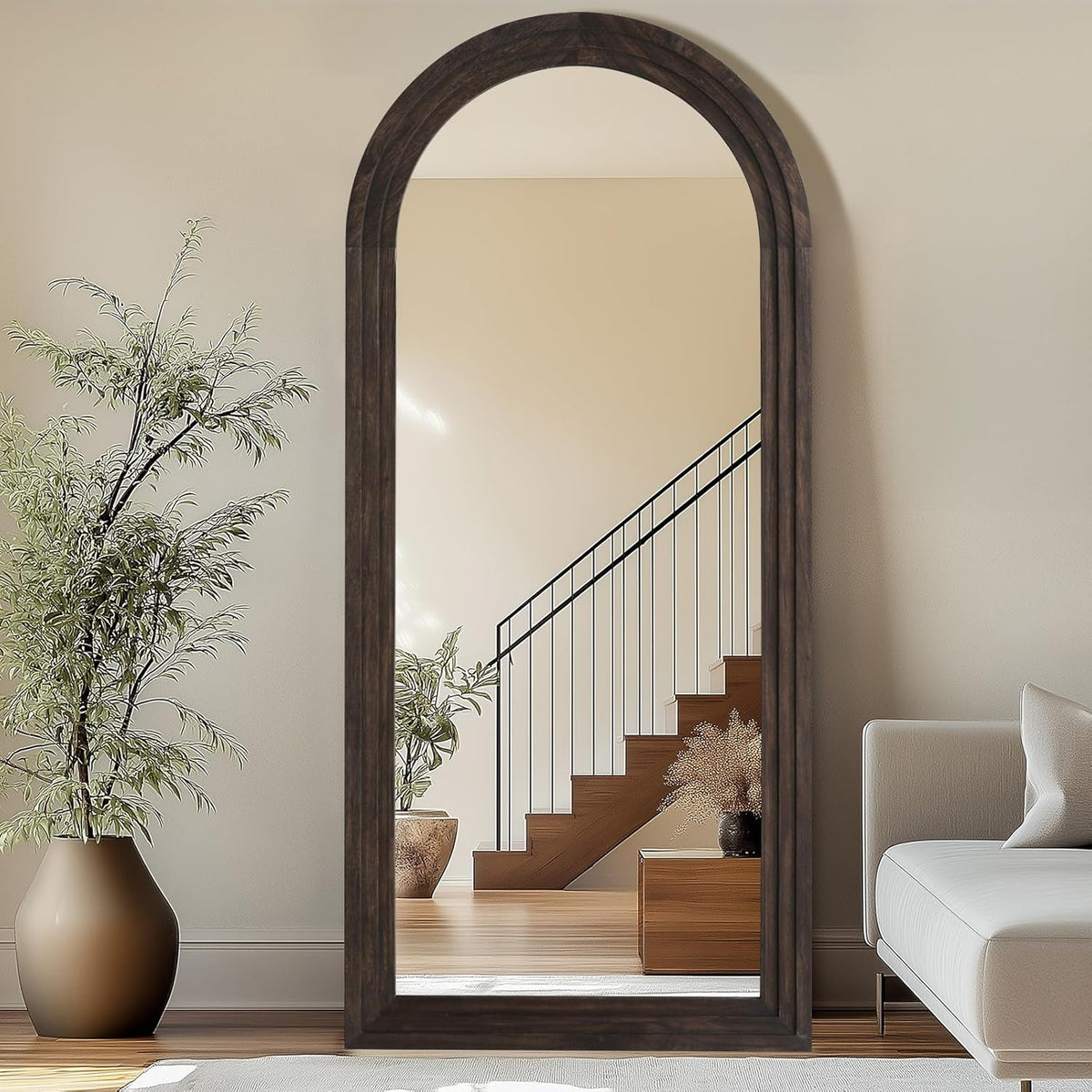 Rustic Standing Full Length Mirror Wood Frame, 71"X32" Large Arched Floor Mirror with Stand, Farmhouse Wood Mirror Full Length for Bedroom Living Room Entryway, Leaning or Wall Mounted, Brown