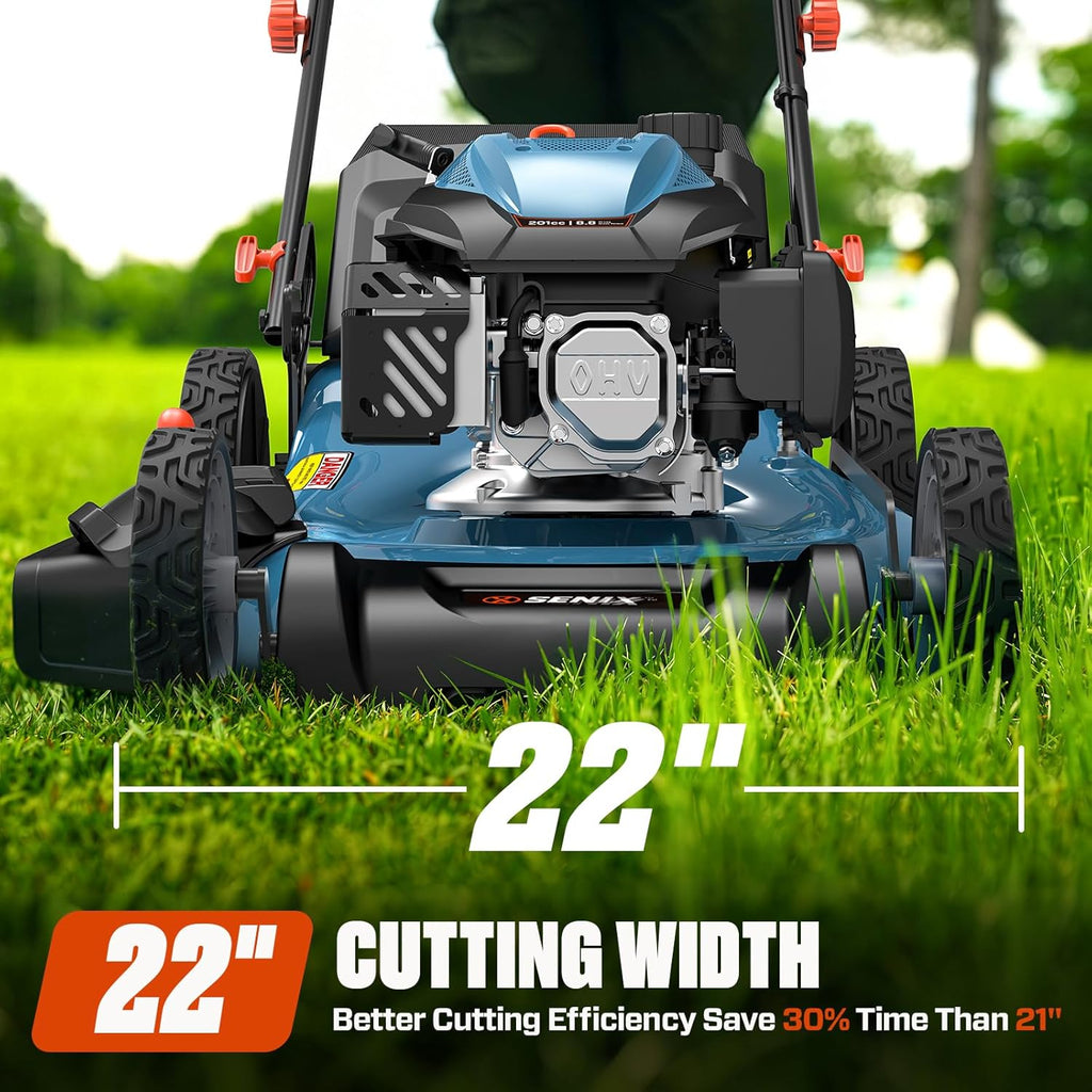SENIX 201cc 22" 3-in-1 Gas Lawn Mower  Variable Speed Rear Wheel Self-Propelled Mower  Mulching  Bagging  Discharging  Foldable  6 Cutting Height Adjustable  for Garden Yard