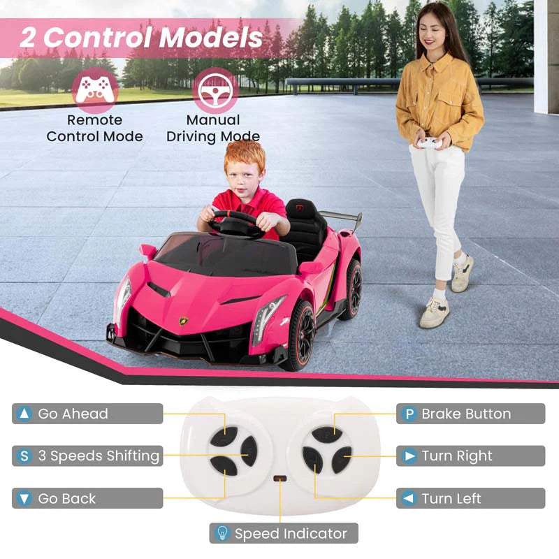 Lamborghini Licensed Kids Ride On 4WD Sports Car, 12V Battery Electric Vehicle Toy with Remote Control, 3 Speeds, Hydraulic Doors