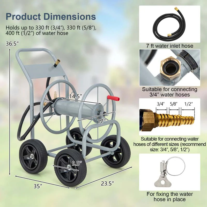 Garden Hose Reel Cart Holds 330 FT of 3/4" or 5/8�?& 400 FT of 1/2" Hose, Heavy Duty Yard Water Planting Cart