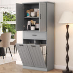 Christopher Knight Home 65.8" Tall Storage Cabinet, Modern Freestanding Large Cupboard with Drawer and Two Laundry Hampers, Bathroom Cabinet with Adjustable Shelf, Gray