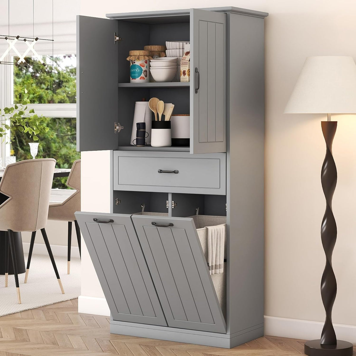 Christopher Knight Home 65.8" Tall Storage Cabinet, Modern Freestanding Large Cupboard with Drawer and Two Laundry Hampers, Bathroom Cabinet with Adjustable Shelf, Gray