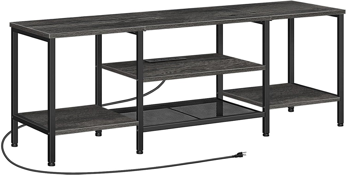 TV Stand with Power Outlets to 75 Inches, TV Console Table with Open Storage Shelves Cabinet, Industrial Media Entertainment Center for Living Room Bedroom, Rustic Brown and Black BF60DS01