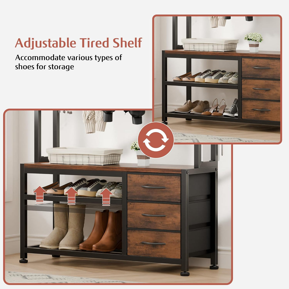 Lulive Hall Tree with Bench and Shoe Storage, 31.5" Coat Rack Freestanding with 2-Tier Storage Shelf, 6-in-1 Entryway Bench Coat Rack with 12 Hooks and 3 Drawers(Rustic Brown)