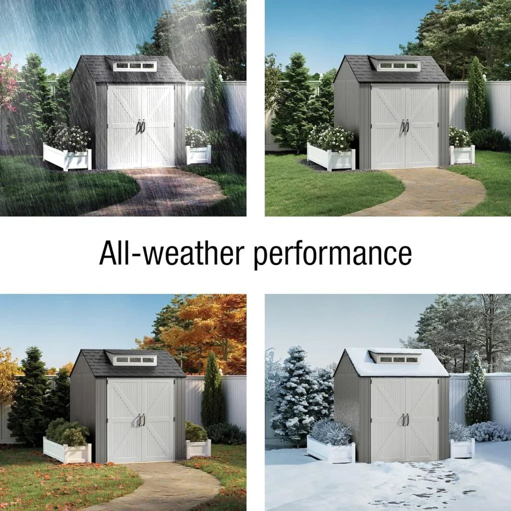 Rubbermaid Resin Outdoor Storage Shed With Floor (7 x 7 Ft) Weather Resistant Gray Organization for Home/Backyard/Garden Tools/Lawn Mower/Bike Storage/Pool Supplies