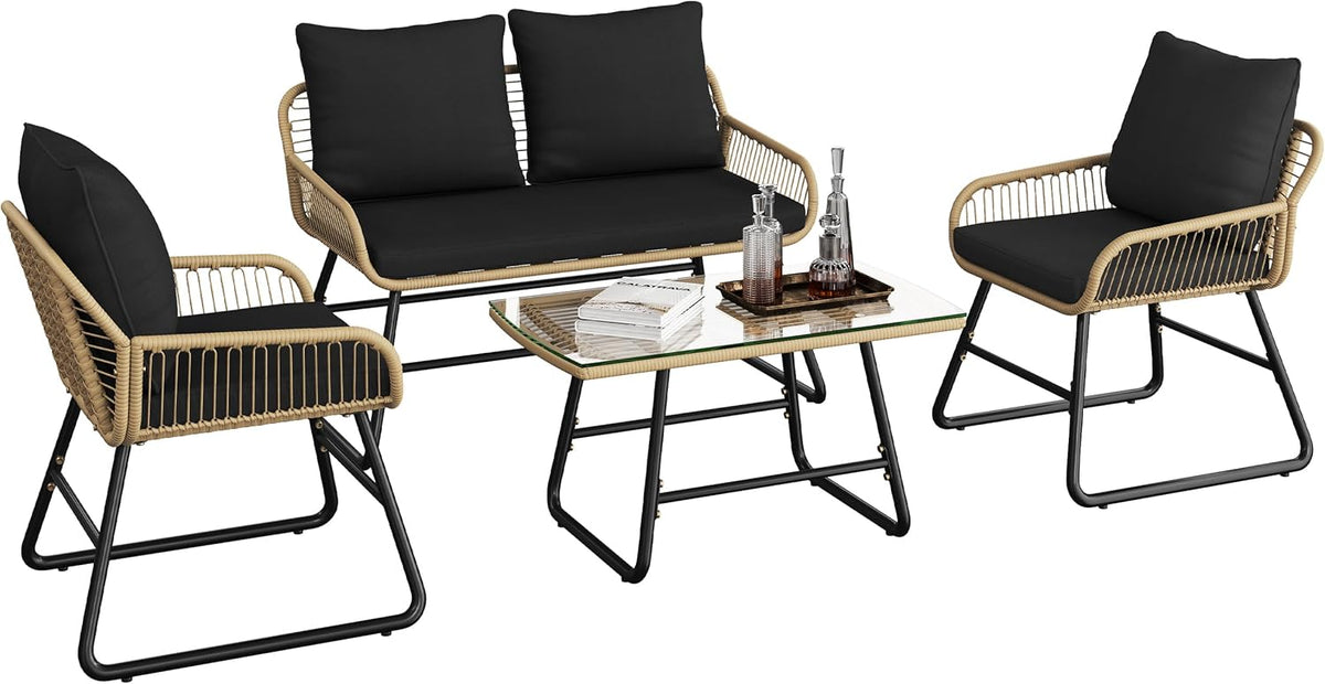 Yaheetech 4 Piece Patio Furniture Set, Outdoor Wicker Conversation Sets, Boho Loveseat & 2 Armchairs with Cushion and Pillow, Glass Top Table for Backyard, Porch, Balcony, Deck - Tan/Black