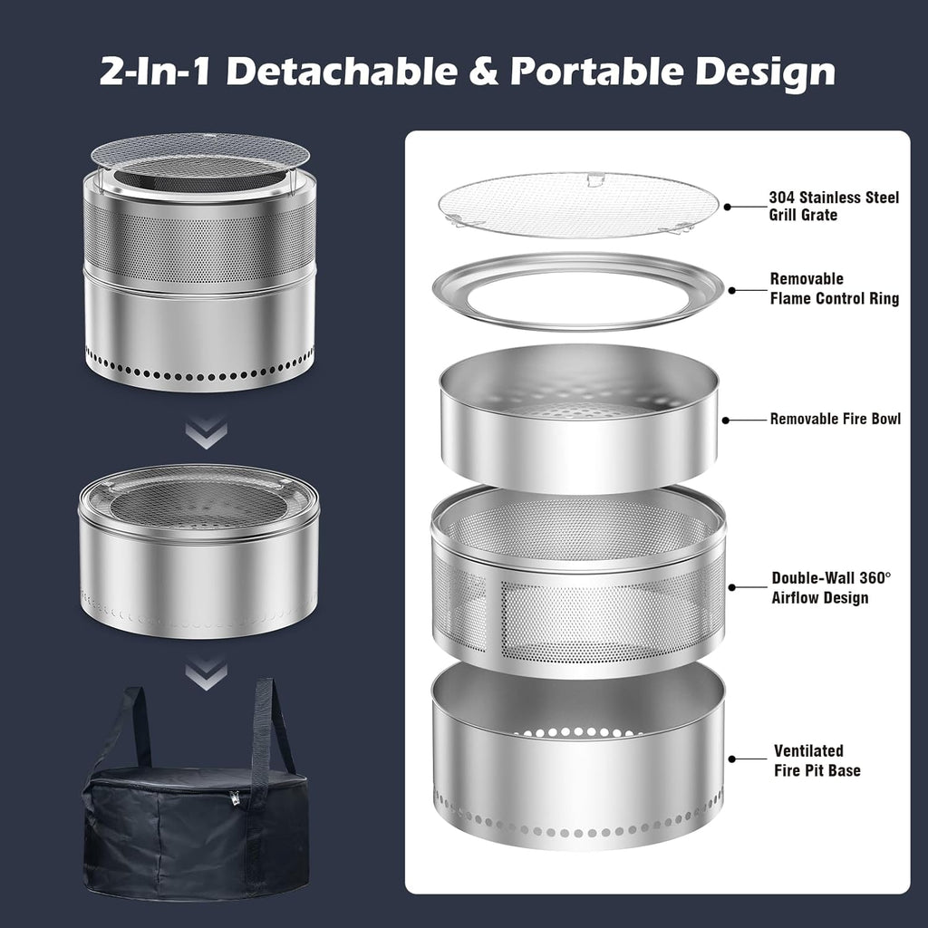 Smokeless Fire Pit Outdoor, 20 Inch Portable Stainless Steel Smokeless Firepit with Grill Grate, Ash Pan & Carry Bag, Low Smoke Wood Burning Fire Pits for Camping, RV, Patio, Compact Storage