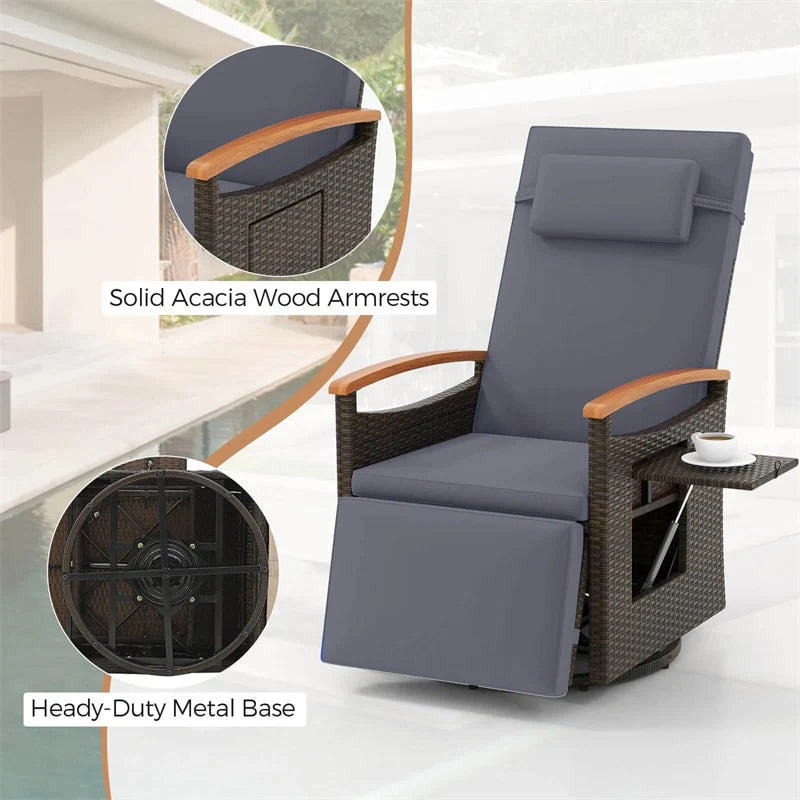 Outdoor Rattan 360�� Swivel Recliner Chair, Patio Wicker Chaise Lounge Chair with Adjustable Backrest & Footrest, Flip Side Table & Cushions